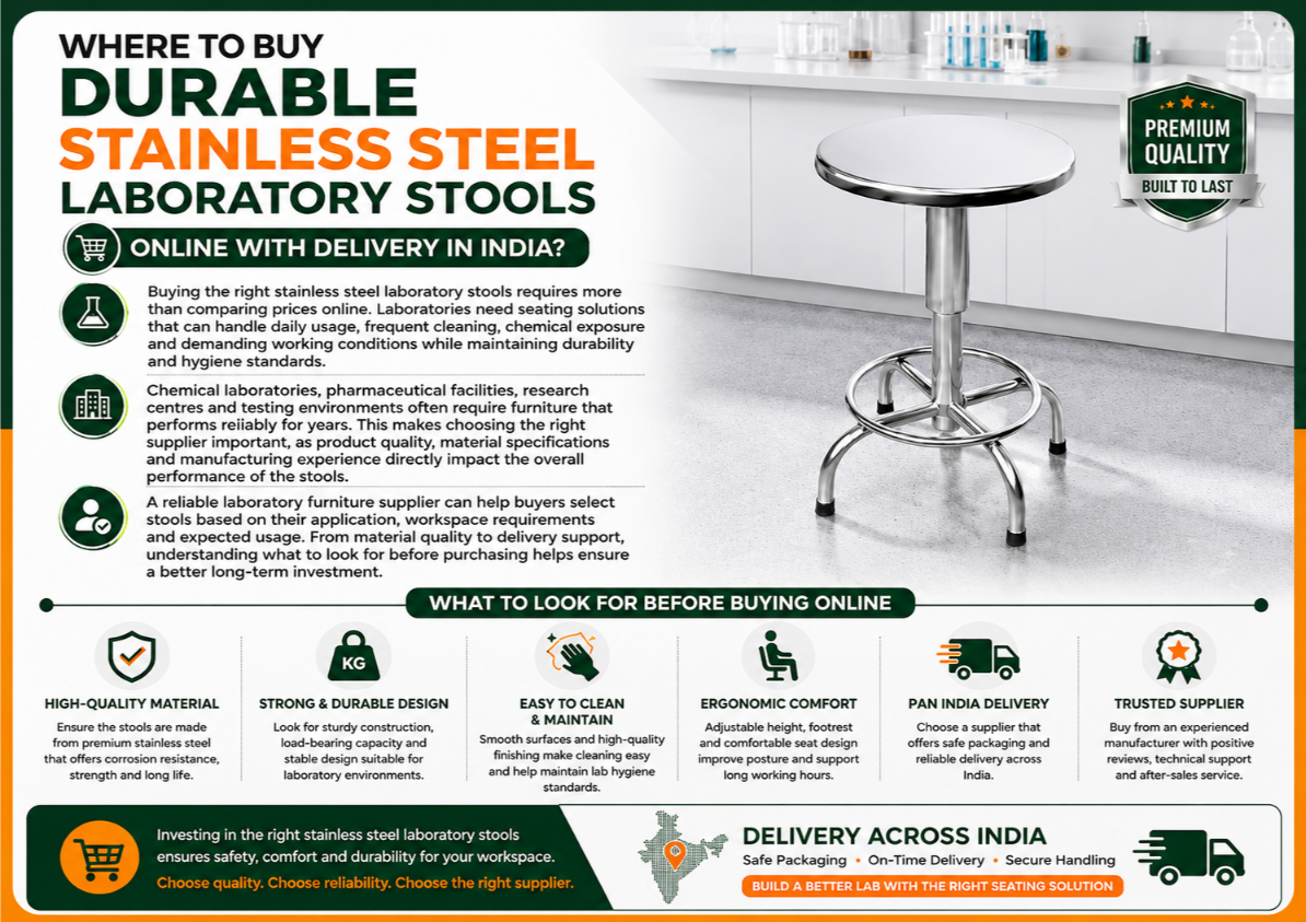 Buying guide infographic for durable stainless steel laboratory stools online in India showing procurement factors for chemical and pharmaceutical lab furniture suppliers.